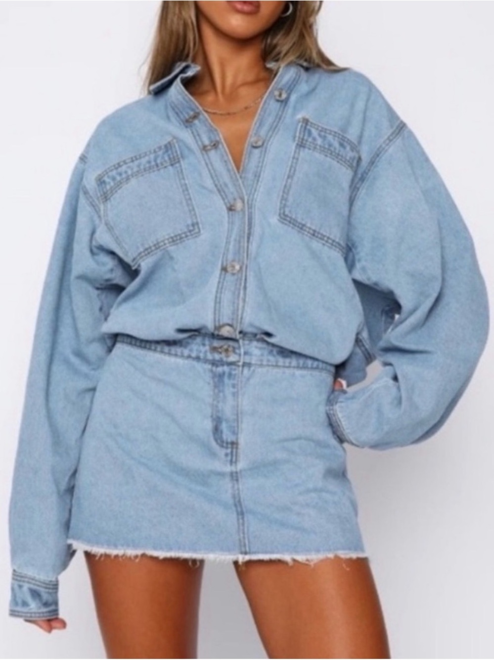 White Fox Light Wash Denim Button-Up Jacket & Mini Skirt dress